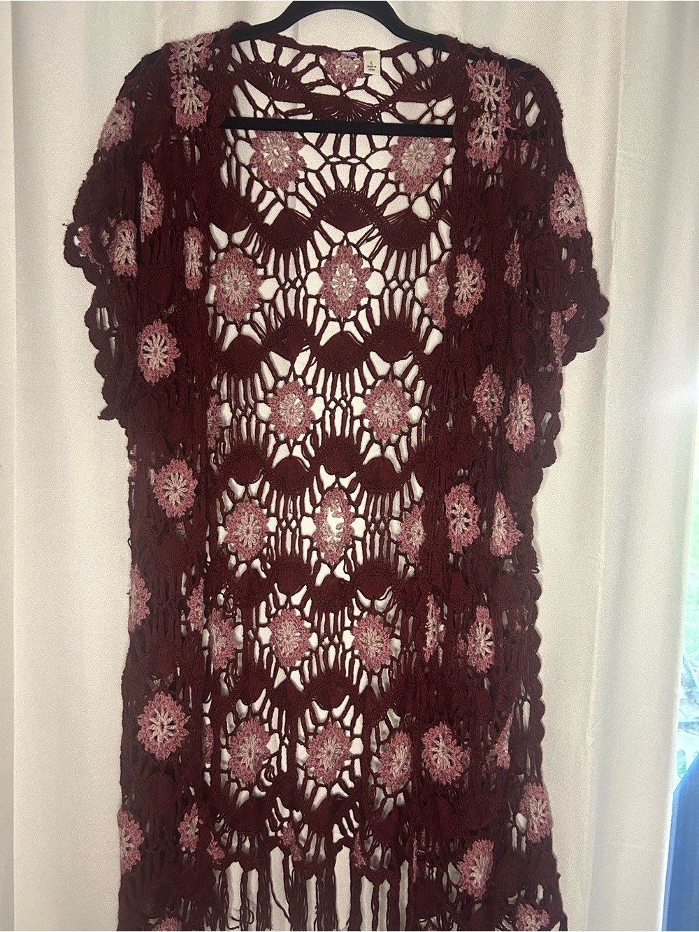 Burgundy Pink Flower Crochet Fringe Short Sleeve Cardigan Boho Festival FLAWED